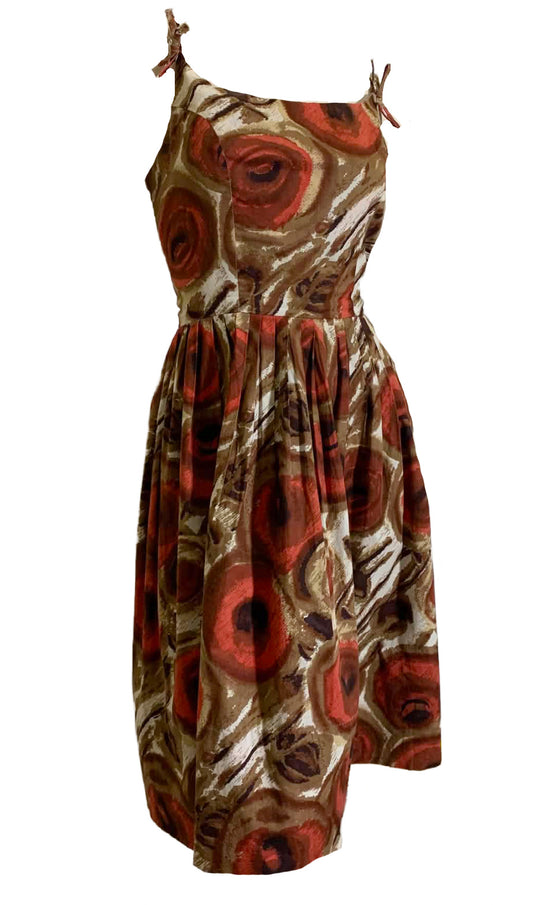 Cocoa and Orange Abstract Rose Print Sun Dress circa 1960s