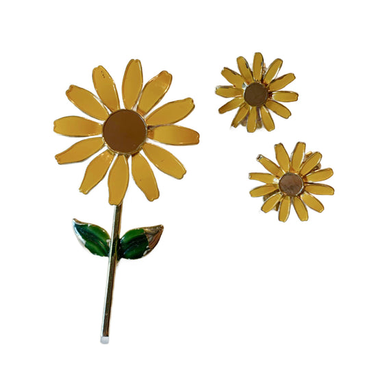 Yellow Enameled Gold Tone Sunflower Brooch & Earrings Set circa 1960s