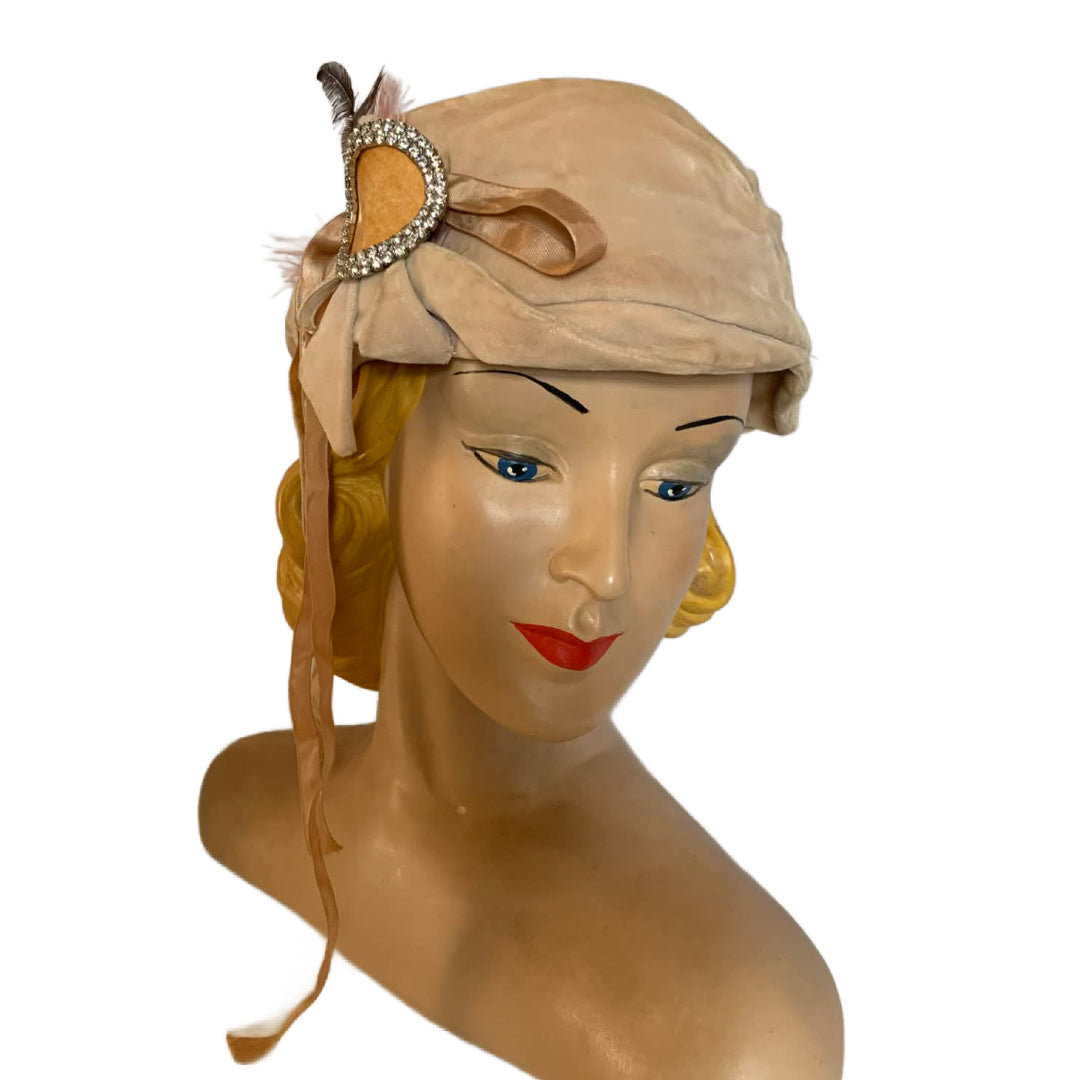Velvet Fawn Reimagined Soft Tan Velvet Crusher Hat with Rhinestone, Feathers and Ribbon