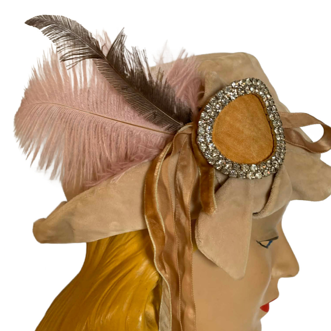 Velvet Fawn Reimagined Soft Tan Velvet Crusher Hat with Rhinestone, Feathers and Ribbon