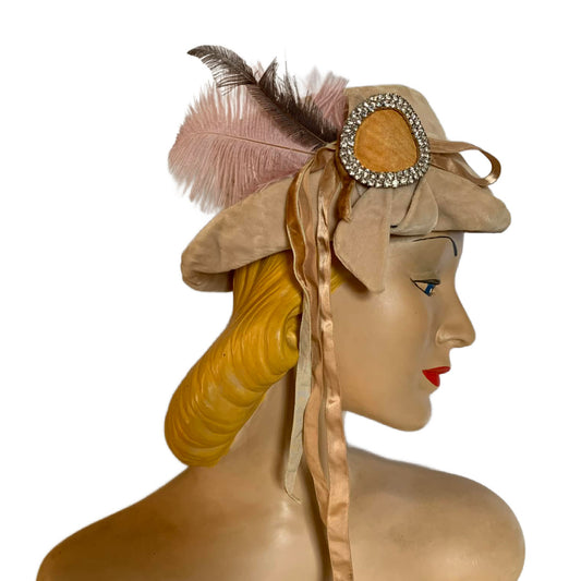 Velvet Fawn Reimagined Soft Tan Velvet Crusher Hat with Rhinestone, Feathers and Ribbon