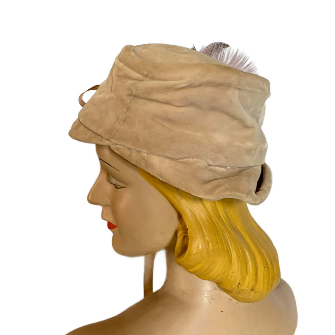 Velvet Fawn Reimagined Soft Tan Velvet Crusher Hat with Rhinestone, Feathers and Ribbon