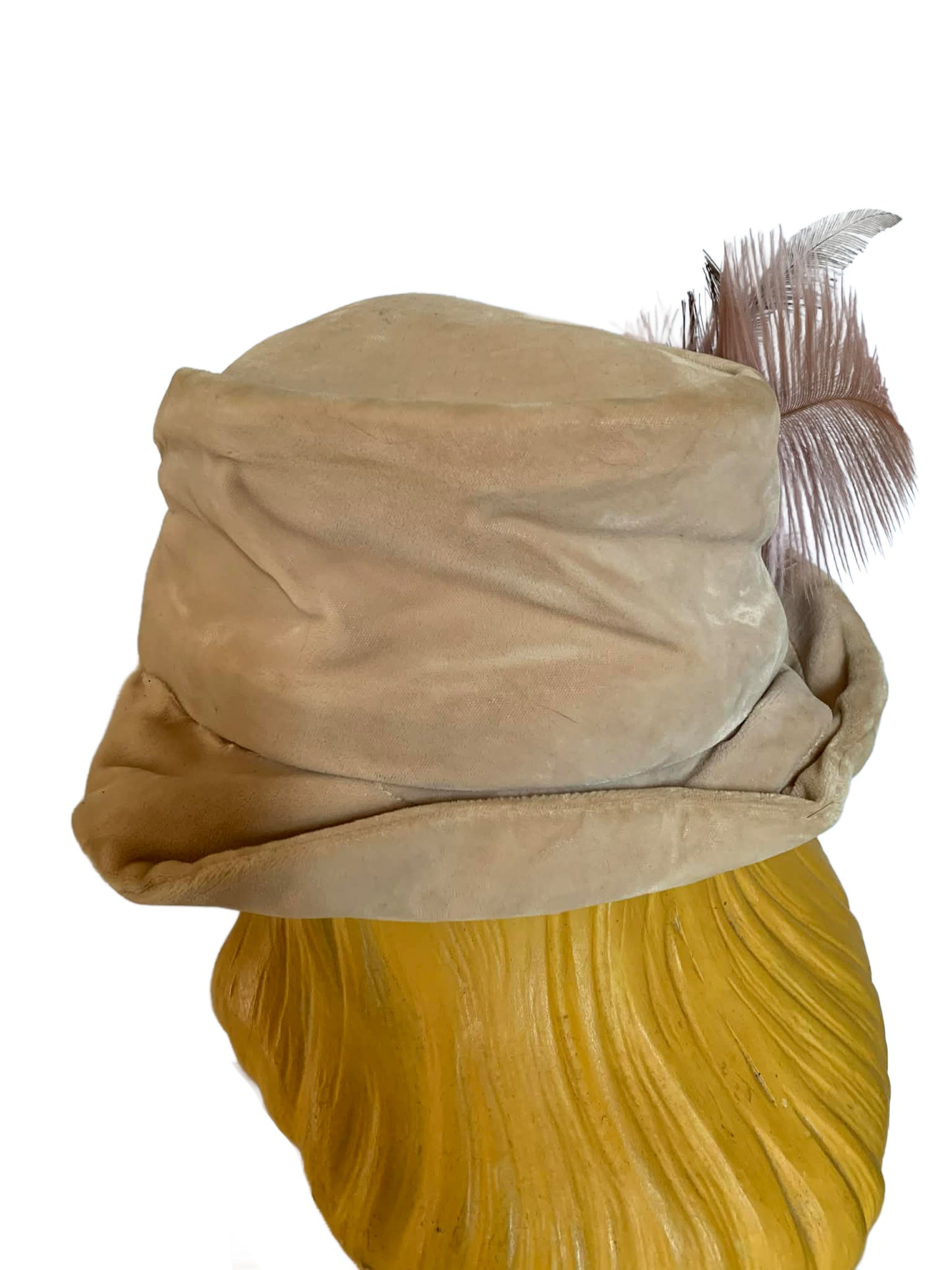 Velvet Fawn Reimagined Soft Tan Velvet Crusher Hat with Rhinestone, Feathers and Ribbon