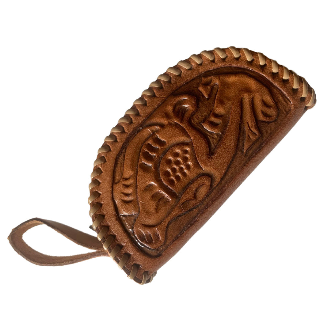 Mexican Tooled Leather Zippered Coin Purse circa 1950s