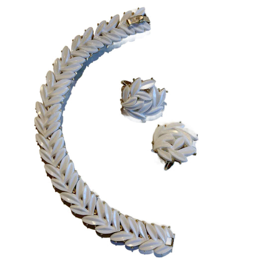 Leaf Link Bracelet and Earrings White Thermoset Plastic circa 1950s