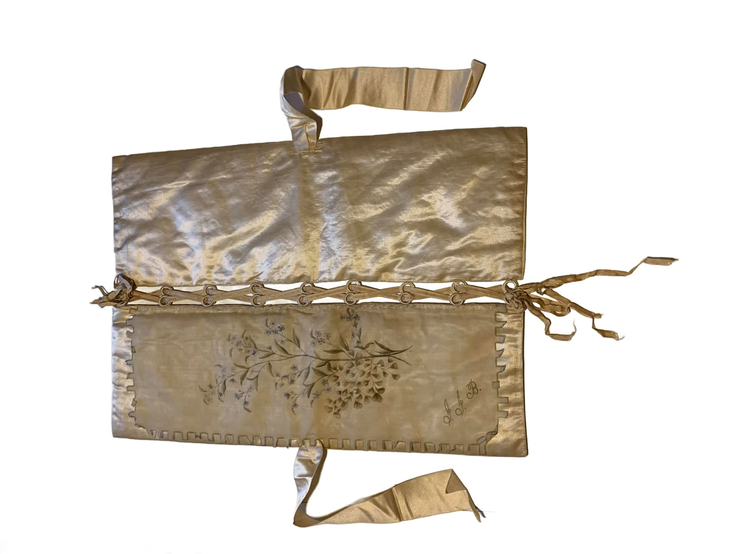 Ivory Silk Lingerie Keeper with Stenciled Flowers & Ribbons circa 1890s