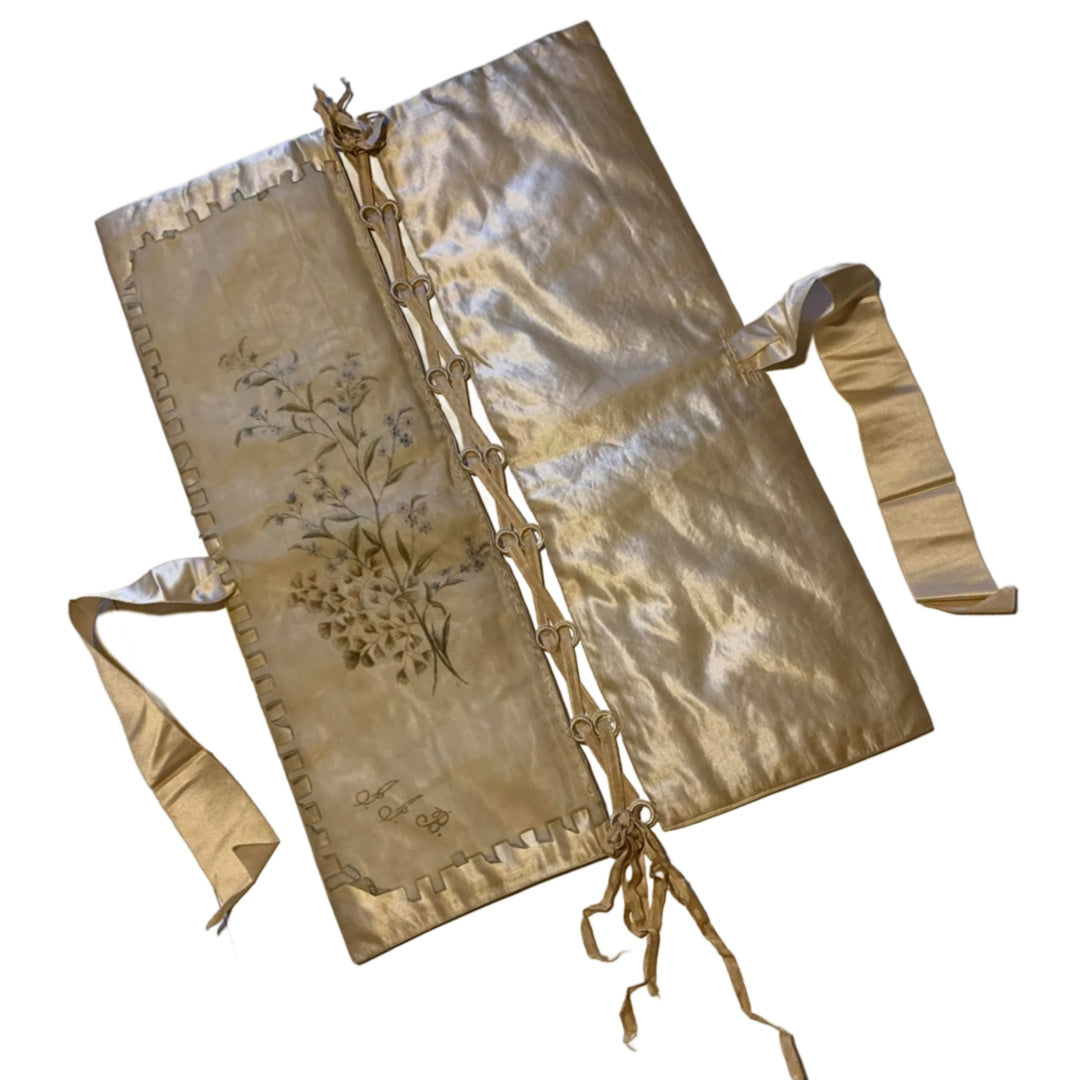 Ivory Silk Lingerie Keeper with Stenciled Flowers & Ribbons circa 1890s