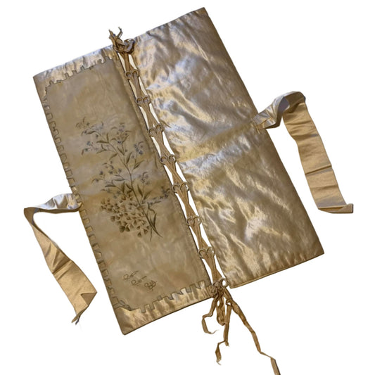 Ivory Silk Lingerie Keeper with Stenciled Flowers & Ribbons circa 1890s