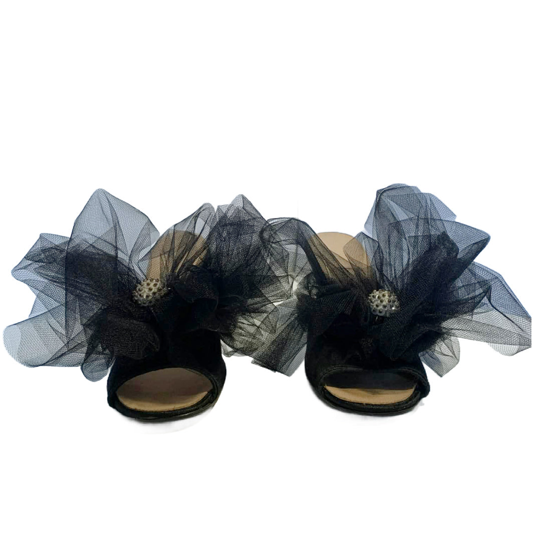 Bella Boudoir Reimagined Black Satin Peep Toe Slippers with Tulle and Sequins 6