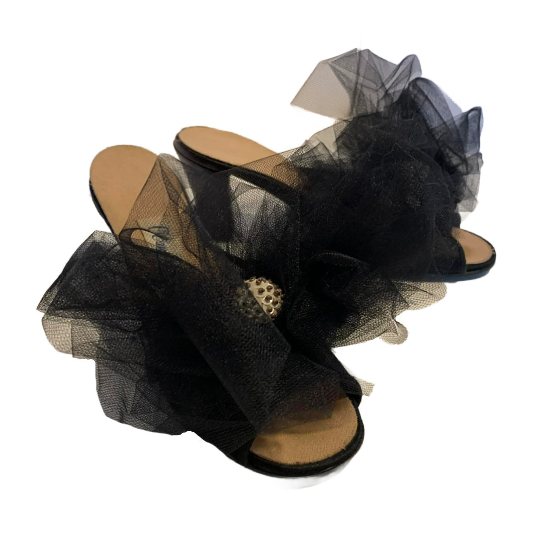 Bella Boudoir Reimagined Black Satin Peep Toe Slippers with Tulle and Sequins 6