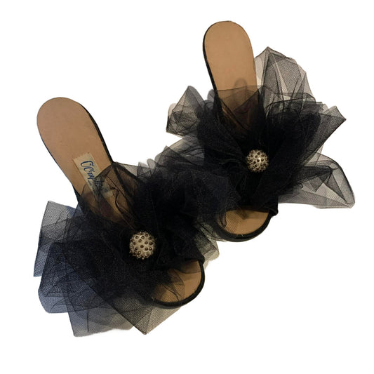 Bella Boudoir Reimagined Black Satin Peep Toe Slippers with Tulle and Sequins 6