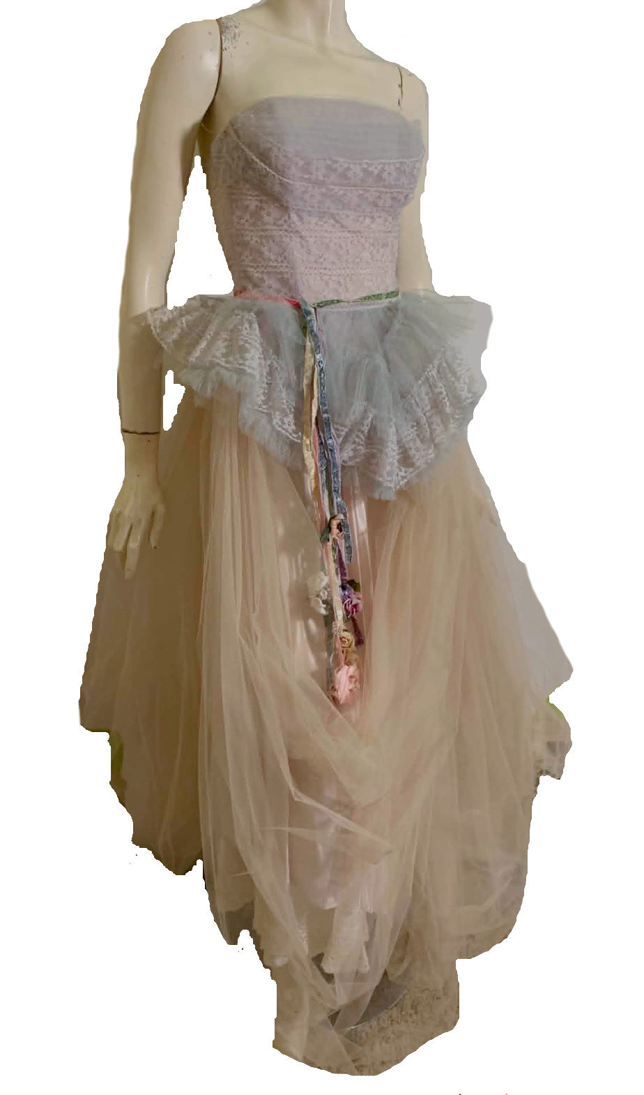 Nimue- the Reimagined Baby Blue and Pink Tulle Dress Flowers on Ribbons