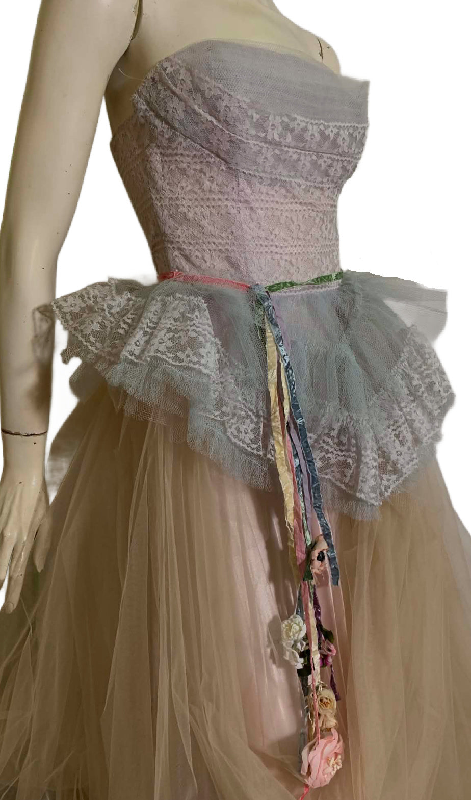 Nimue- the Reimagined Baby Blue and Pink Tulle Dress Flowers on Ribbons