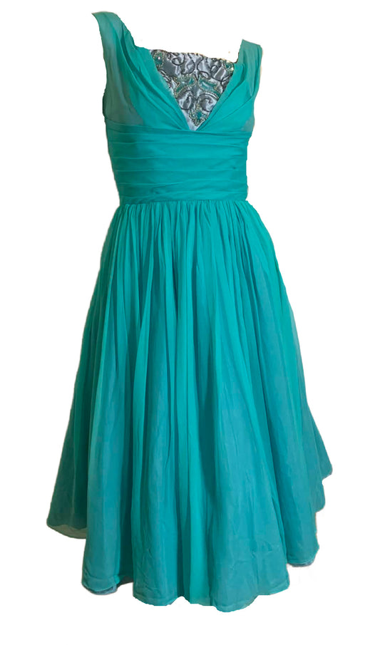 Turquoise Silk Chiffon Skirted Dress with Beading and Sequins circa 1960s