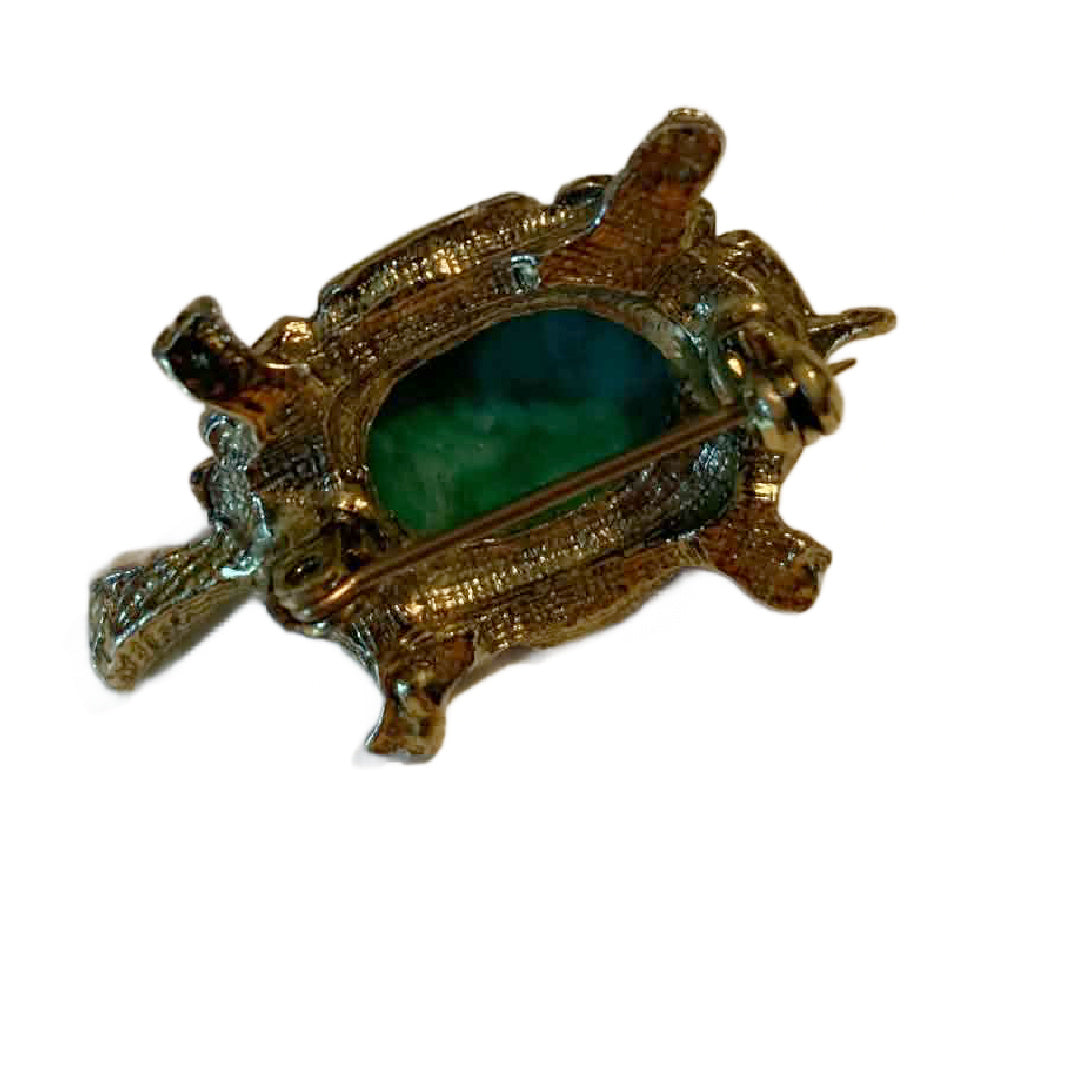 Golden Metal Turtle Brooch with Green Cabochon Back circa 1970s