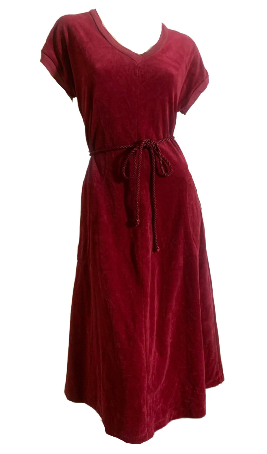 Burgundy Velour Dress with Cord Sash and Pockets circa 1980s