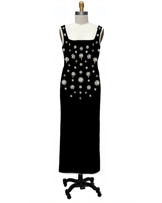 Snow Queen- the Black Column Gown with Snowflake Rhinestone Beading