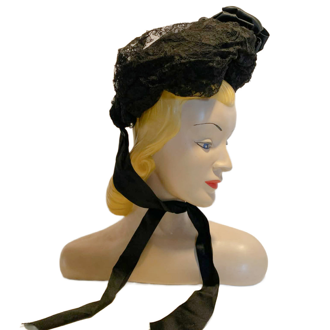 Black Horsehair Braid and Lace Mourning Bonnet circa 1890s
