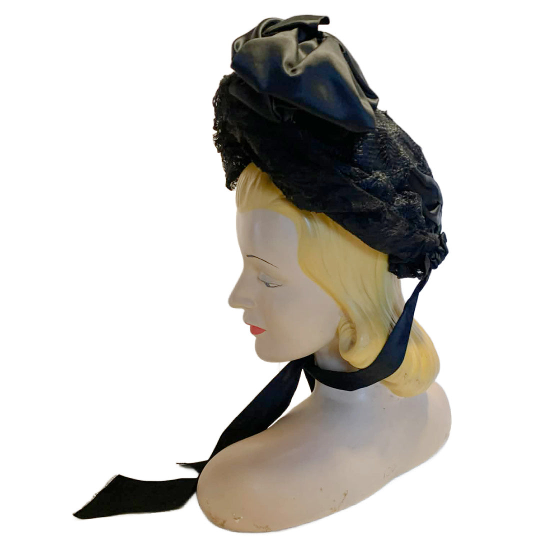Black Horsehair Braid and Lace Mourning Bonnet circa 1890s
