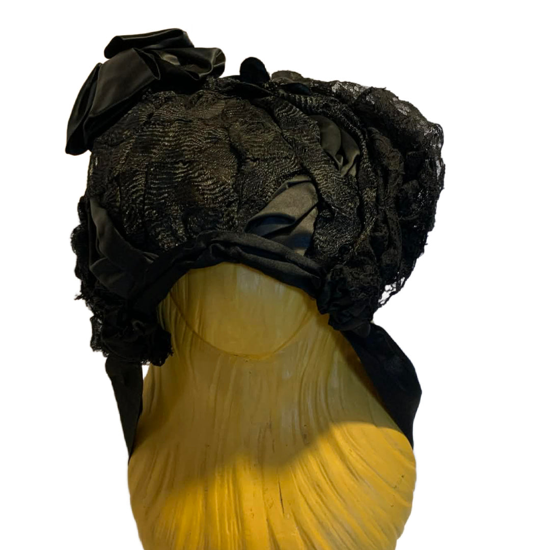 Black Horsehair Braid and Lace Mourning Bonnet circa 1890s