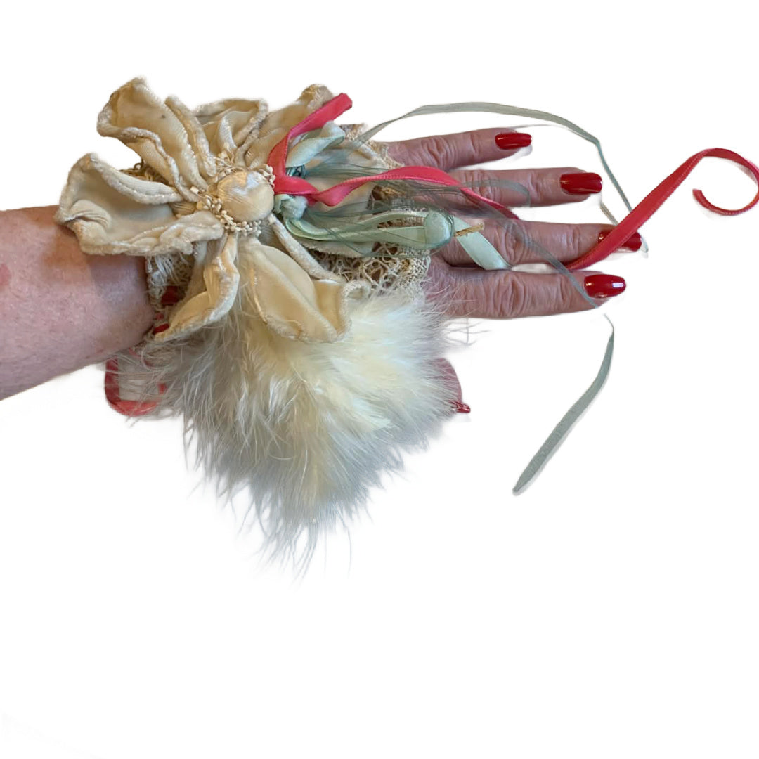 Abbeydale Reimagined Antique Lace as Wrist Cuff Velvet Flower, Feather and Ribbons