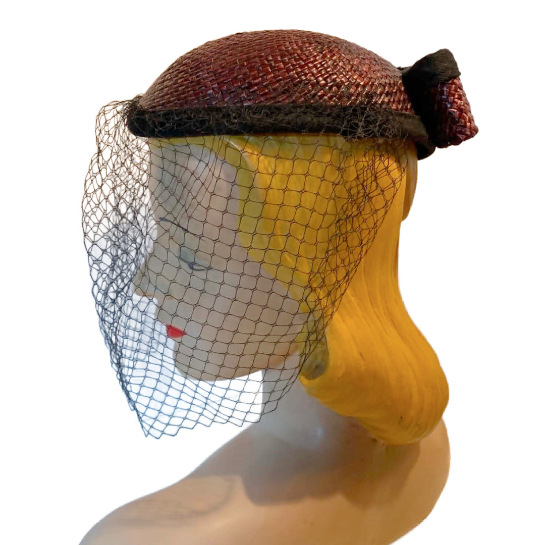 Glossy Wicker Rounded Top Cap Hat with Veil and Bow circa 1960s