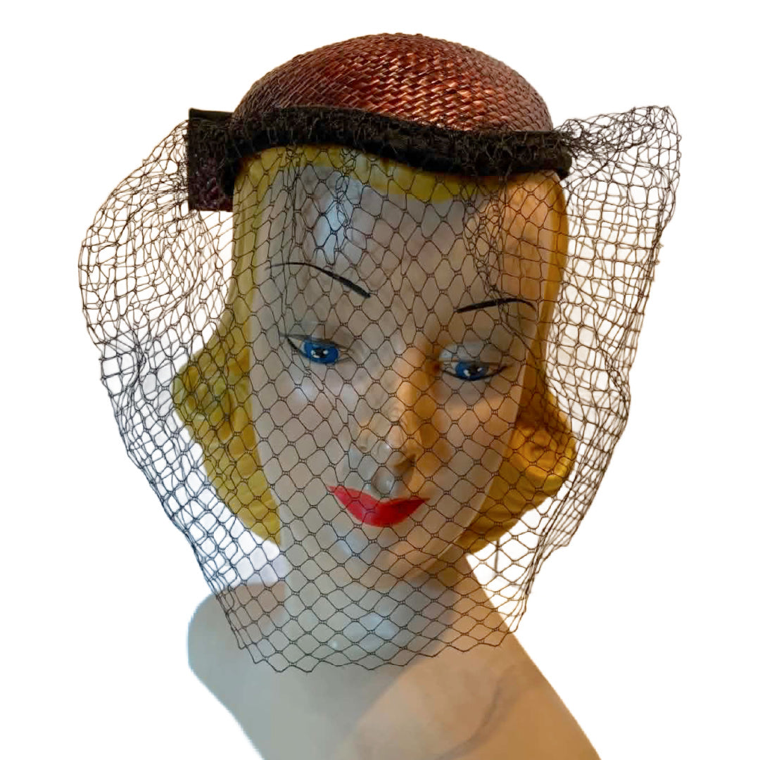 Glossy Wicker Rounded Top Cap Hat with Veil and Bow circa 1960s