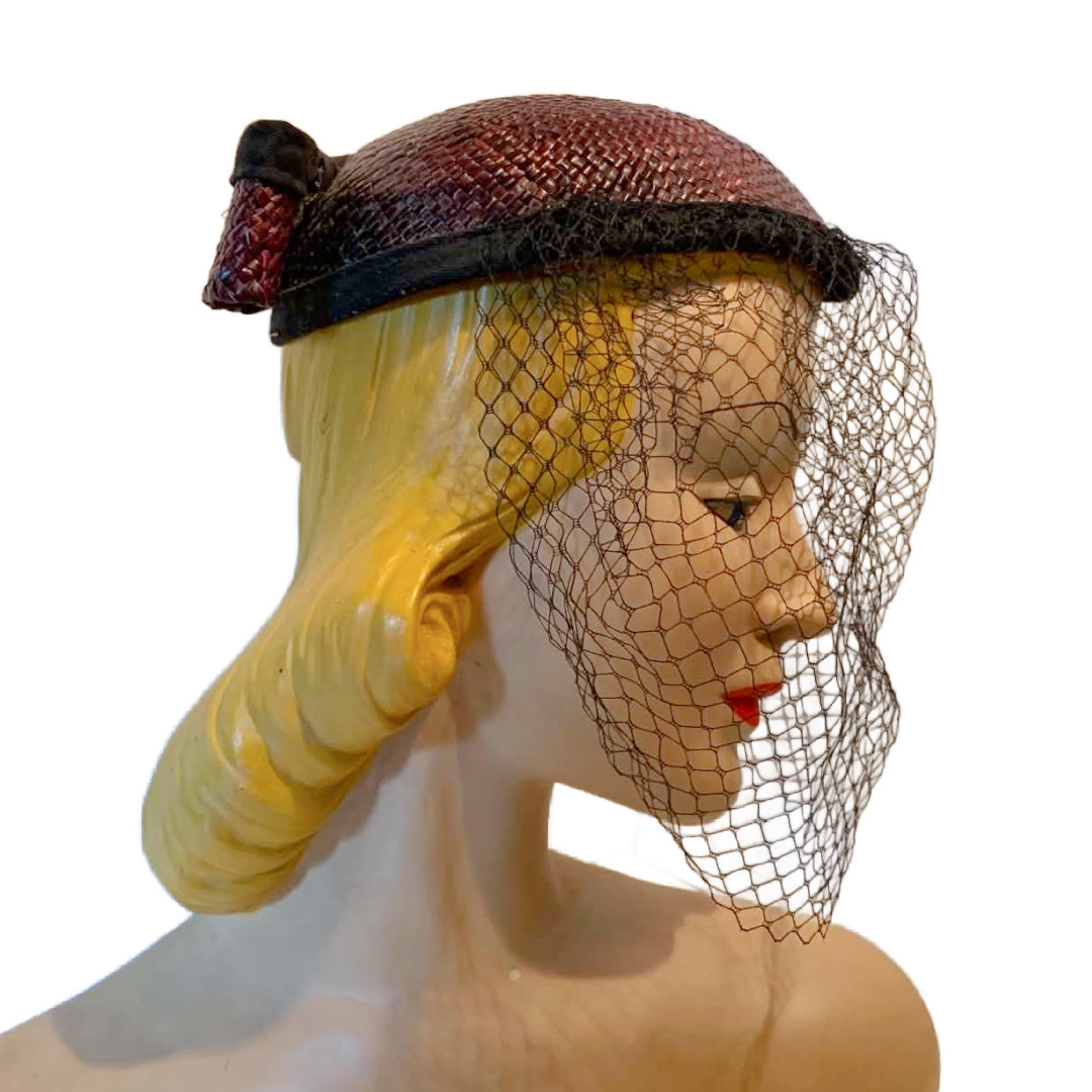 Glossy Wicker Rounded Top Cap Hat with Veil and Bow circa 1960s