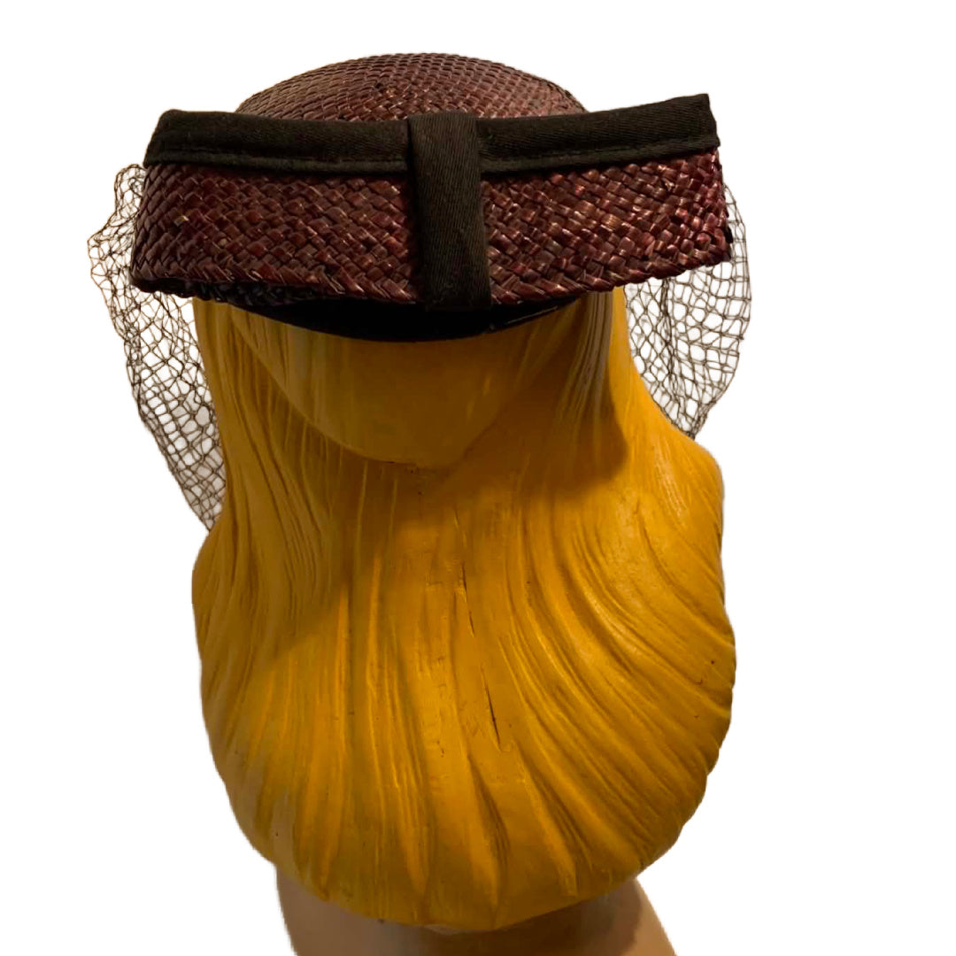 Glossy Wicker Rounded Top Cap Hat with Veil and Bow circa 1960s