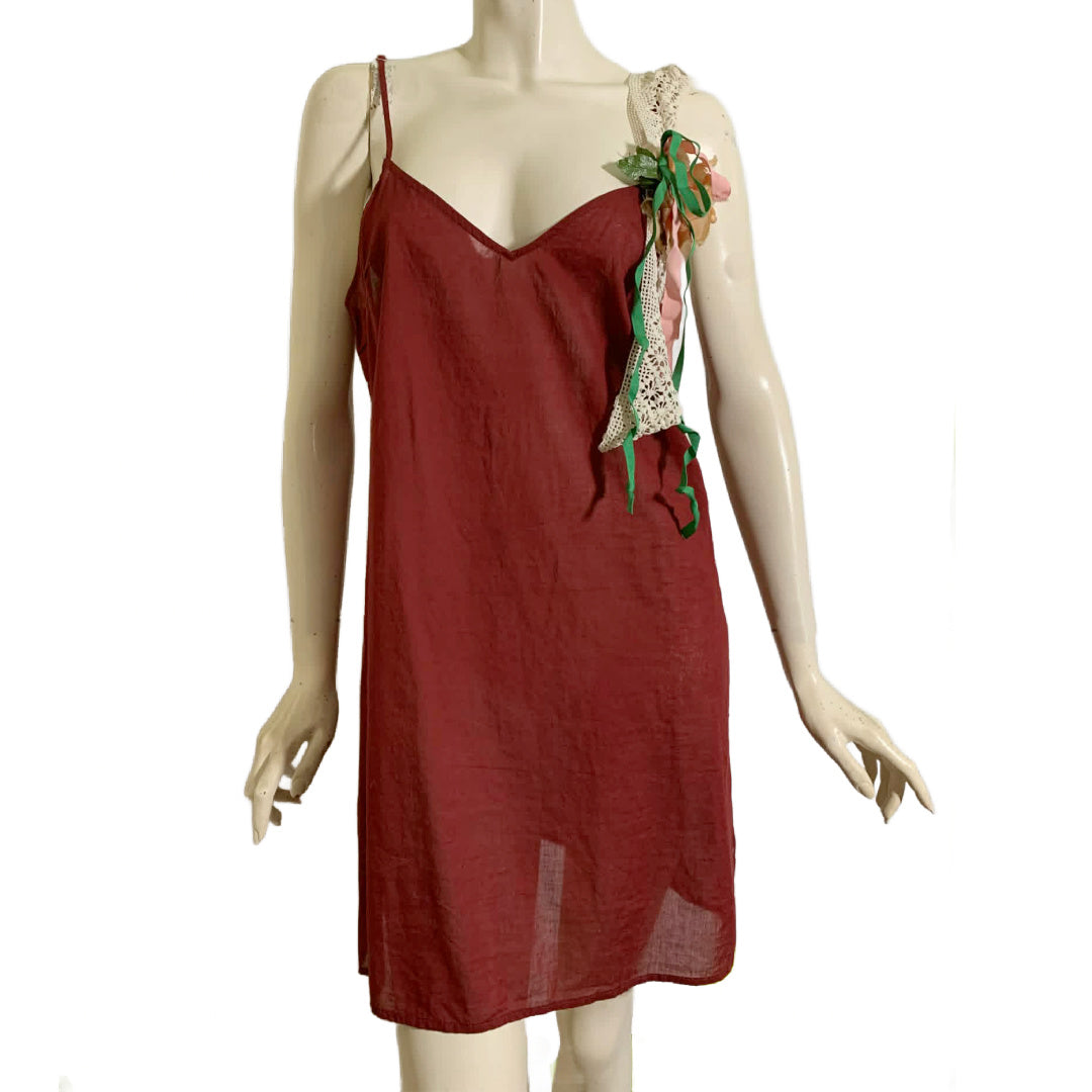 Pageant Girl Wine Reimagined Cotton Slip Dress with Vintage Millinery, Lace and Ribbons