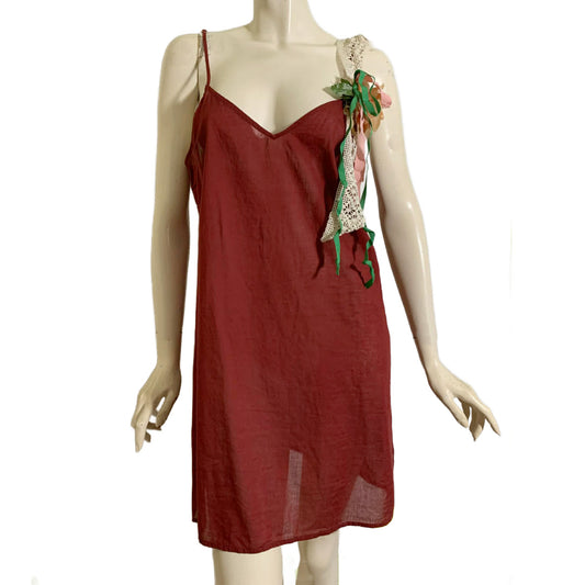 Pageant Girl Wine Reimagined Cotton Slip Dress with Vintage Millinery, Lace and Ribbons