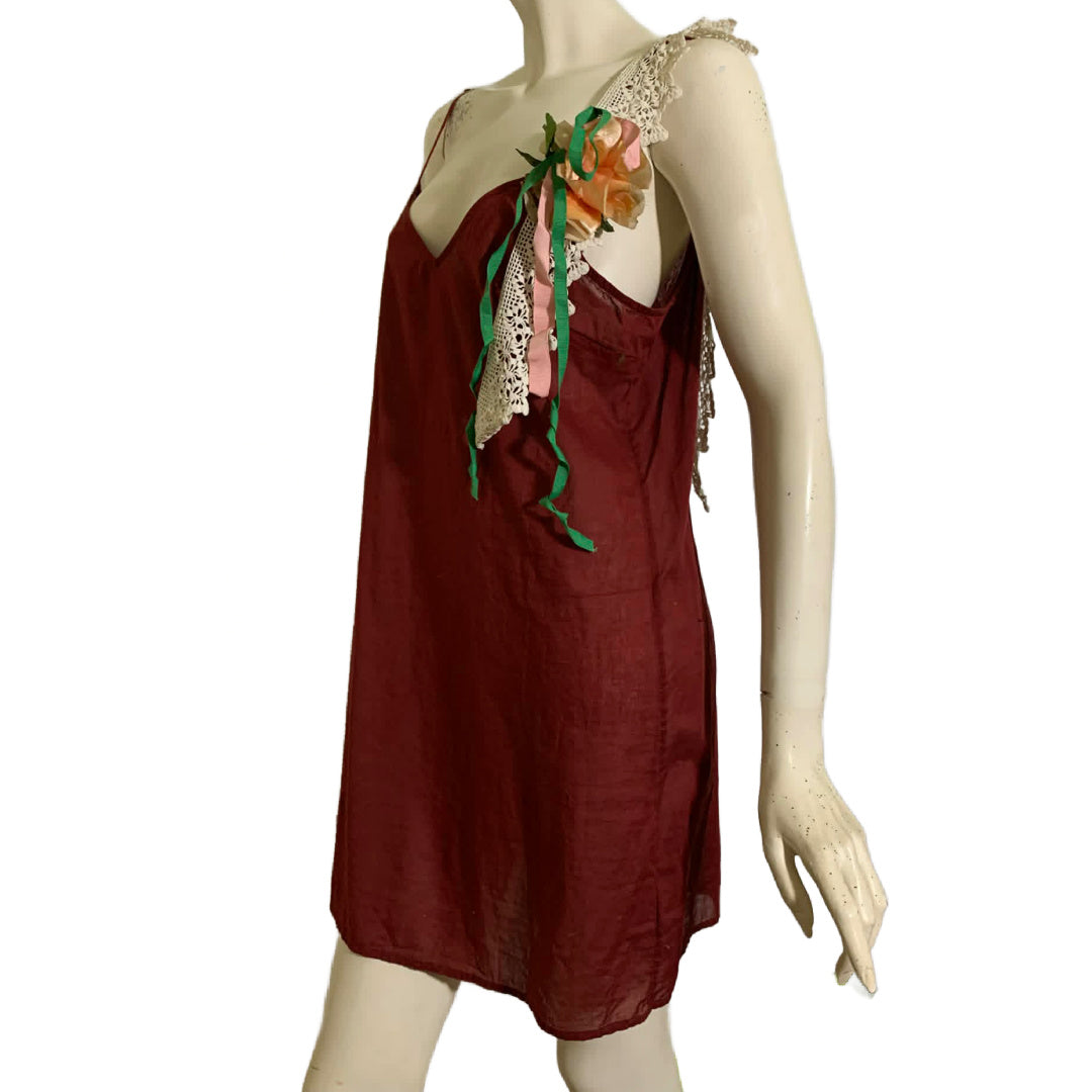 Pageant Girl Wine Reimagined Cotton Slip Dress with Vintage Millinery, Lace and Ribbons