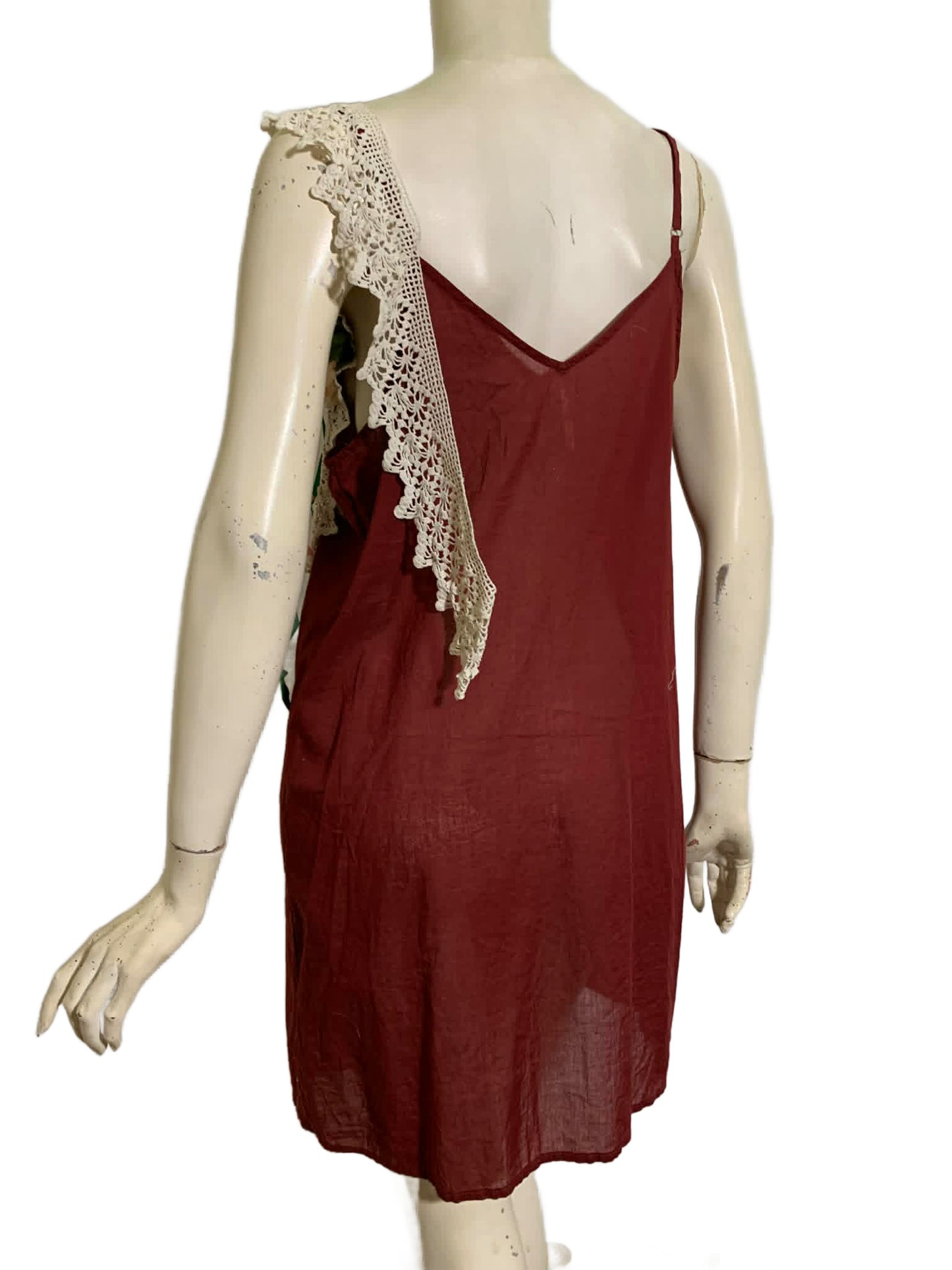 Pageant Girl Wine Reimagined Cotton Slip Dress with Vintage Millinery, Lace and Ribbons