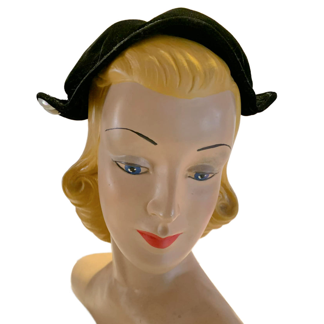 Black Velvet Cocktail Hat with Winged Sides and Pearlescent Beads circa 1950s