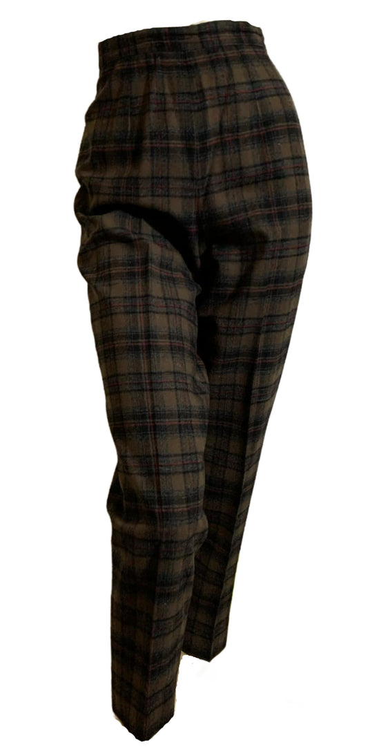 Woodland Brown Plaid Wool Cigarette Style Pants circa 1960s