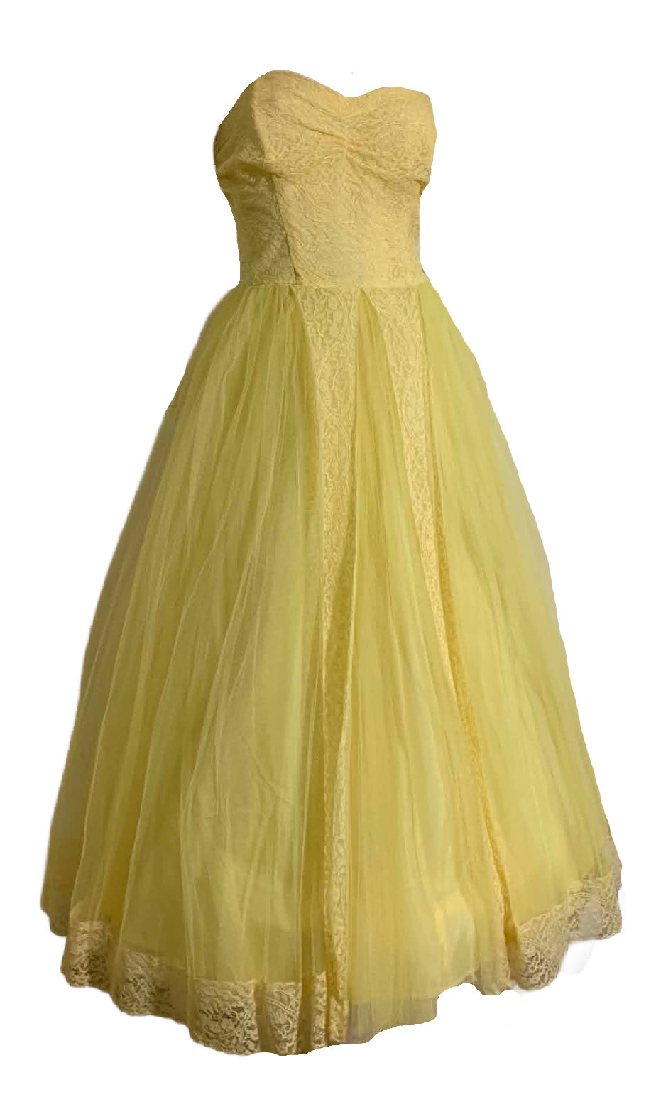 Lemon Chiffon Yellow Strapless Lace and Tulle Party Dress circa 1960s