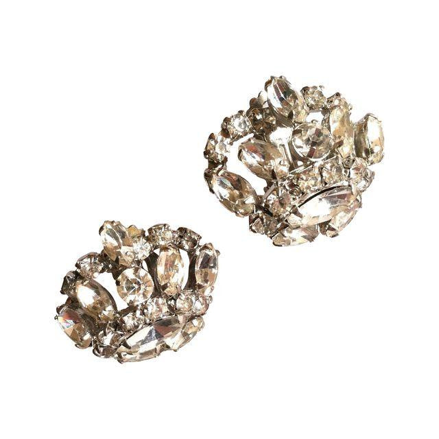 Regal Crown Shaped Bright Rhinestone Clip Earrings circa 1950s Dorothea's Closet Vintage Jewelry