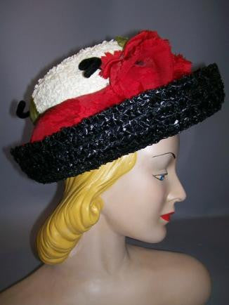 Black and White Sisal 1960s Hat with Big Red Poppies