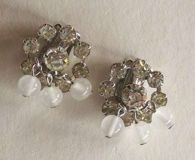 Rhinestone 1950s Clip Earrings w/ Opaque Bead Dangles by Weiss