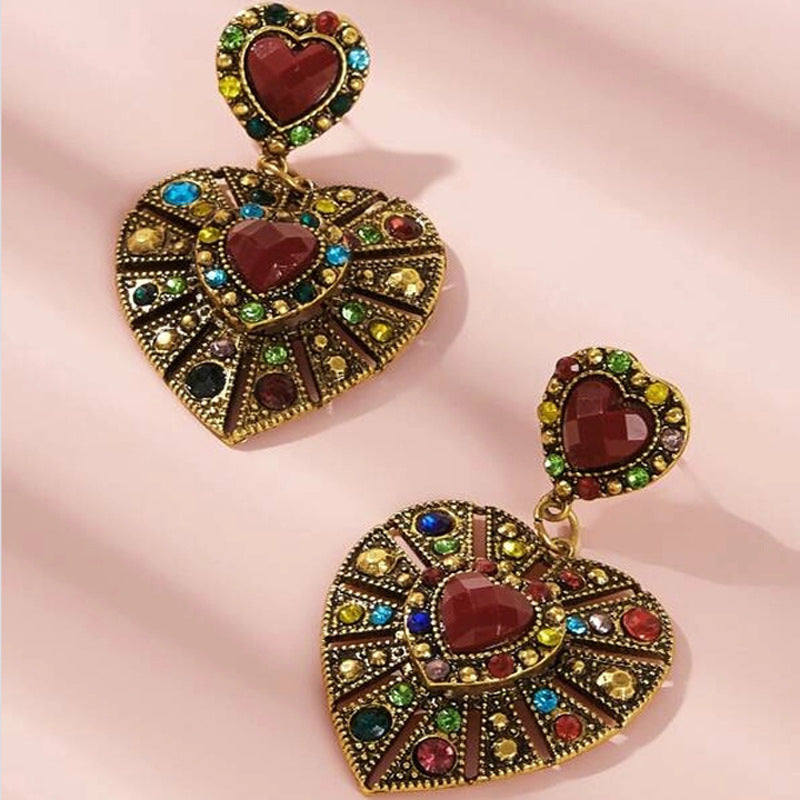 Heart Burst Dangling Multicolored Rhinestone Earrings