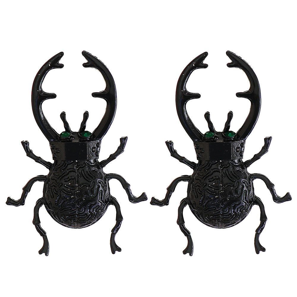 HUGE Surrealist Stag Beetle Earrings Rhinestone Eyes
