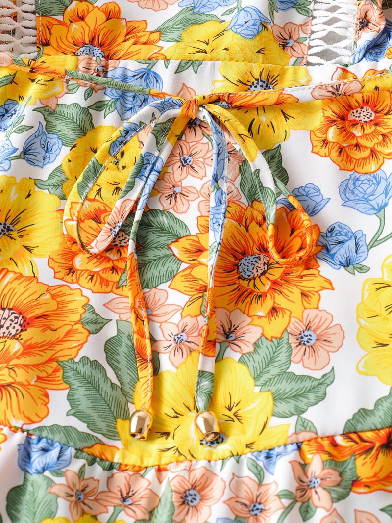 Brilliant Orange and Yellow Floral Print Pinafore Style Dress