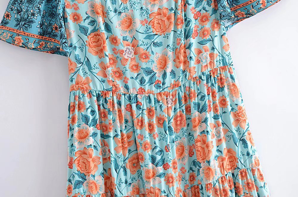 Happy Orange Floral Print Tiered Skirt Dress