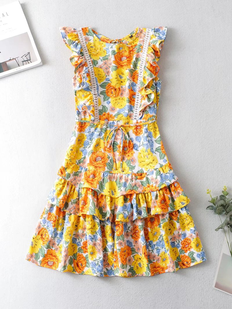 Brilliant Orange and Yellow Floral Print Pinafore Style Dress