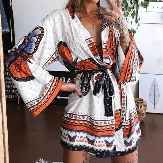 Big Butterfly Print Mini Kimono Robe