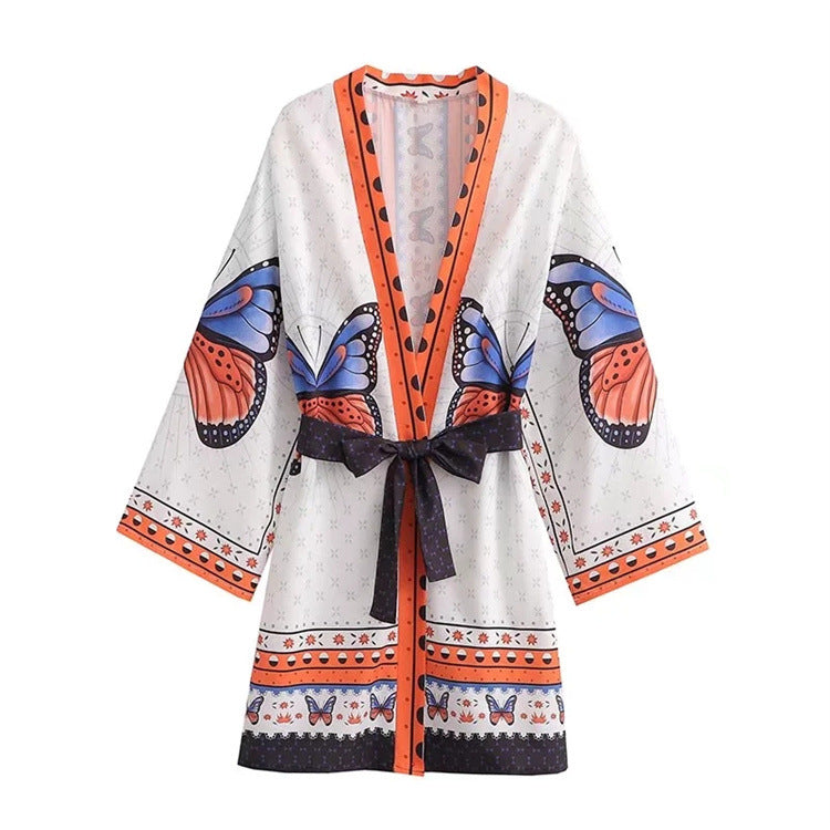 Big Butterfly Print Mini Kimono Robe