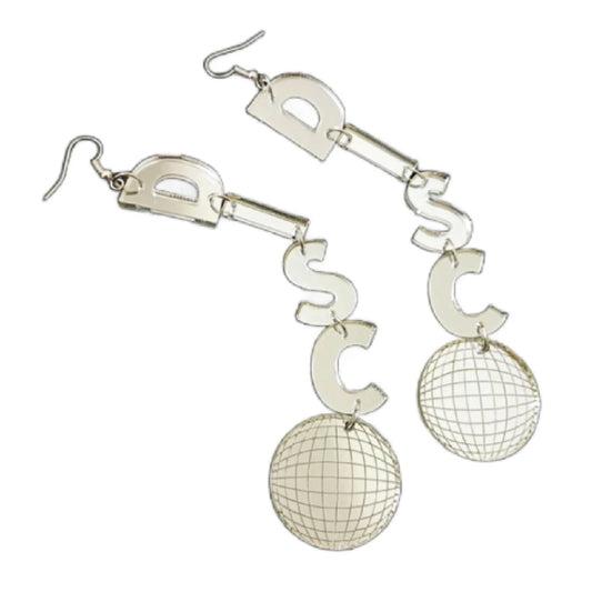 Paradise Garage- the Silver Mirrored Acrylic Disco Earrings with Disco Ball