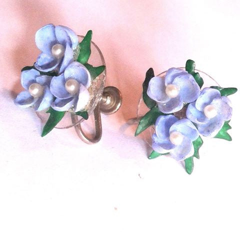 Sea Sky Blue Seashell Flower Earrings circa 1950s