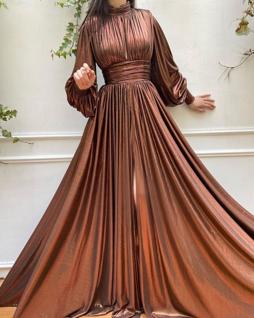 Mica- the Metallic Pleated Maxi Dress with Keyhole Neckline