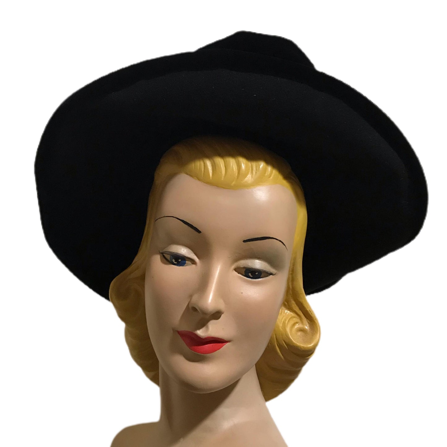 Ink Black Sculpted Velvet Platter Hat circa 1940s